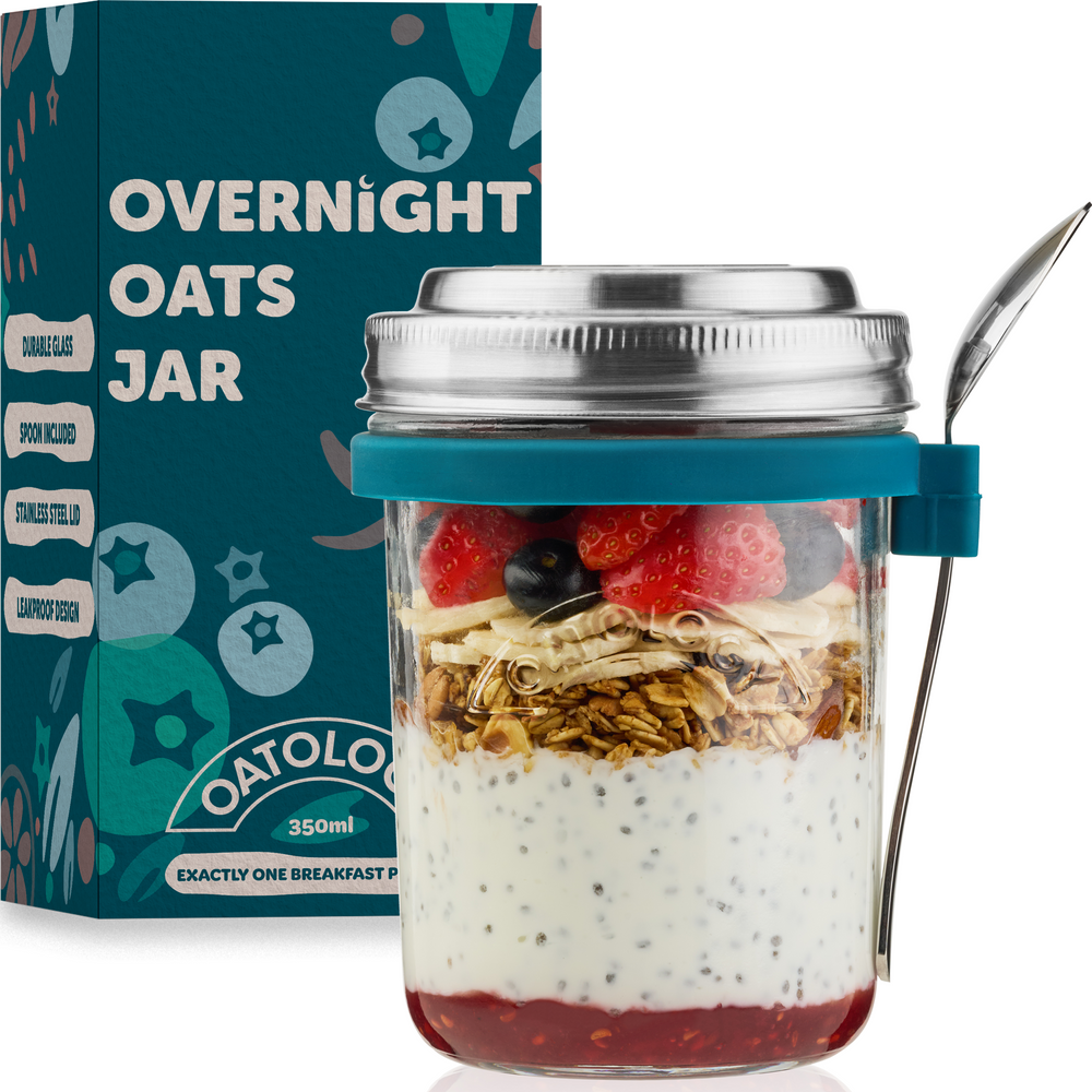 OATOLOGY 350ml glass overnight oats jar with stainless steel measuring lid, clip-on spoon and gift box